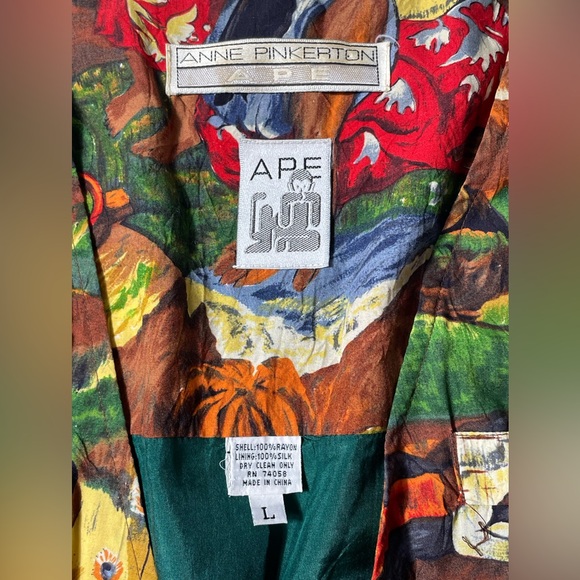 VTG 90s Anne Pinkerton Ape Womens Large Silk Tribal Landscape Print Vest Blouse - Picture 6 of 6